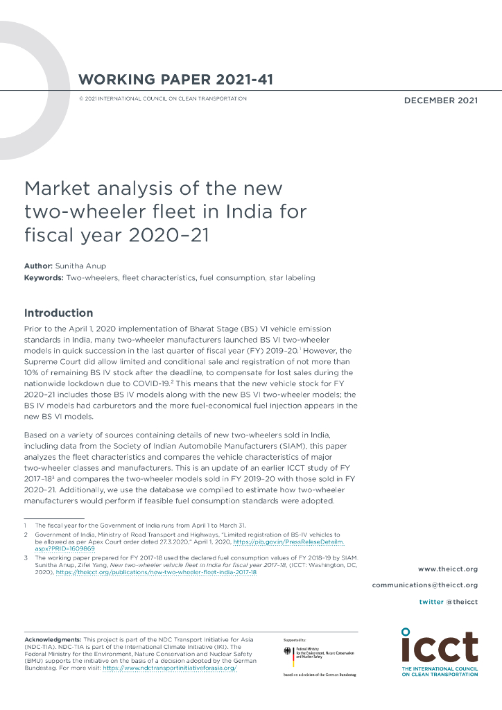 国际清洁交通委员会：MARKET ANALYSIS OF THE NEW TWO-WHEELER FLEET IN INDIA FOR FISCAL YEAR 2020–21