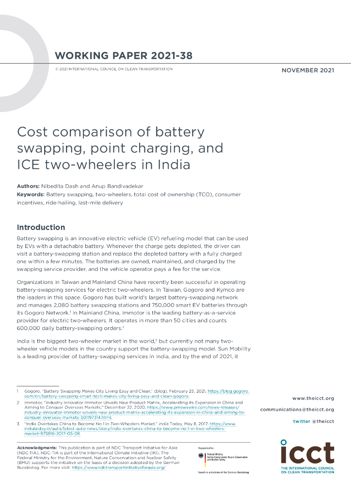 国际清洁交通委员会：COST COMPARISON OF BATTERY SWAPPING, POINT CHARGING, AND ICE TWO-WHEELERS IN INDIA