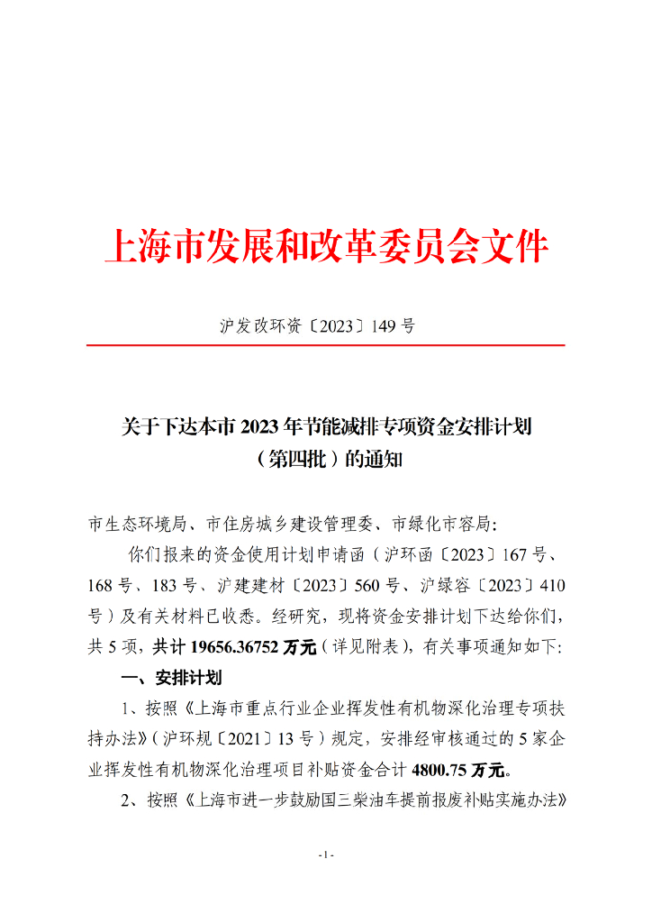 上海市2023年节能减排专项资金安排计划 （第四批）