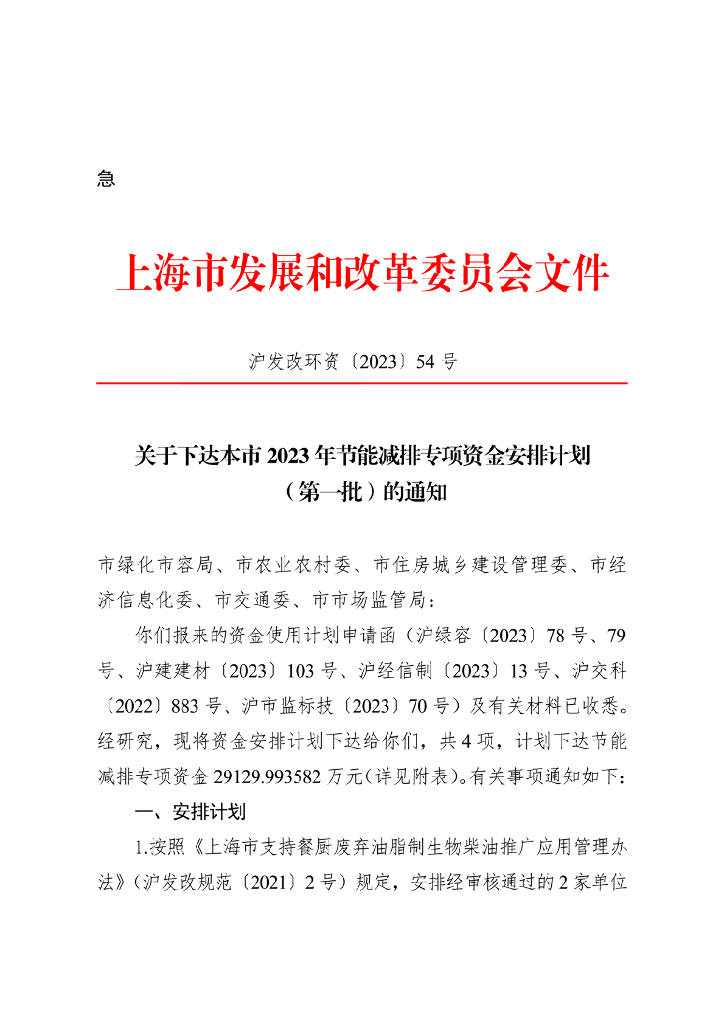 上海市2023年节能减排专项资金安排计划（第一批）