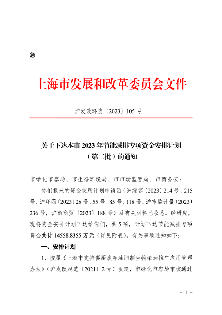 上海市2023年节能减排专项资金安排计划（第二批）