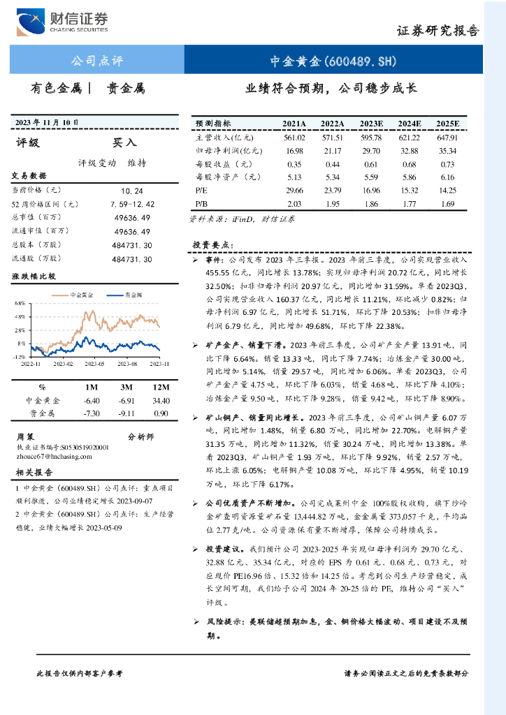 财信证券：中金黄金（600489）-业绩符合预期，公司稳步成长