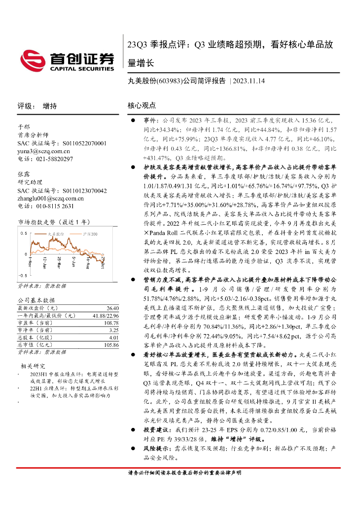 首创证券：丸美股份（603983）-23Q3季报点评：Q3业绩略超预期，看好核心单品放量增长