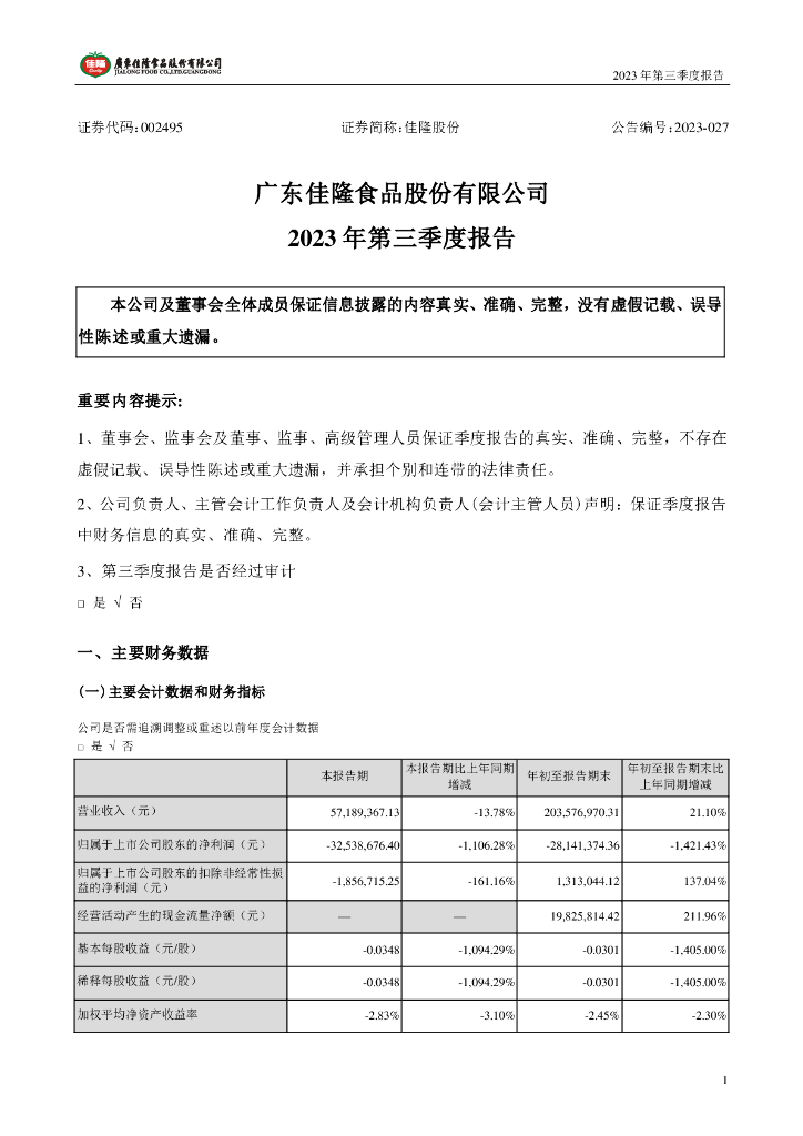 广东佳隆食品股份有限公司：佳隆股份-2023年第三季度报告