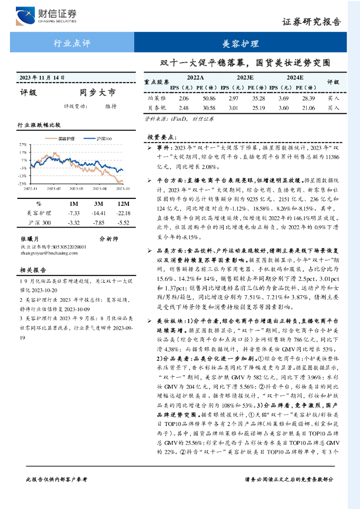 财信证券：美容护理：双十一大促平稳落幕，国货美妆逆势突围
