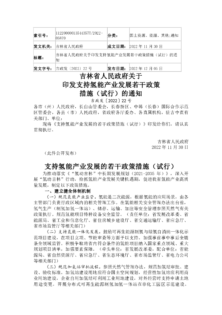 支持氢能产业发展的若干政策措施（试行）