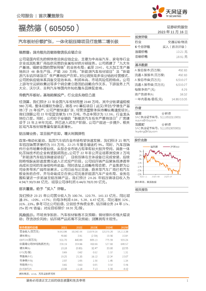 天风证券：福然德（605050）-汽车板材份额扩张，一体化铝压铸项目打造第二增长极