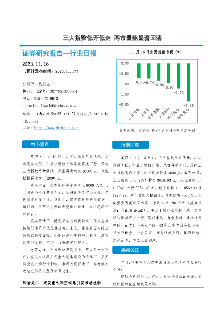 大同证券：非银金融行业日报：三大指数低开低走 两市量能显著回落