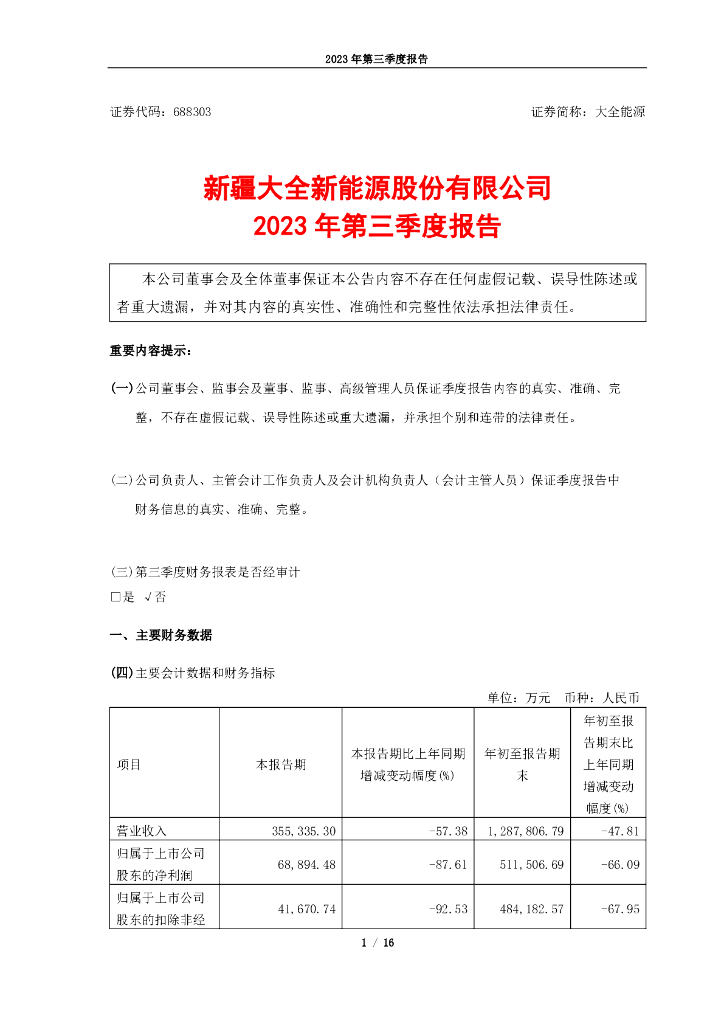 688303-大全<em>能源</em>：大全<em>能源</em>2023年第三季度报告 海报