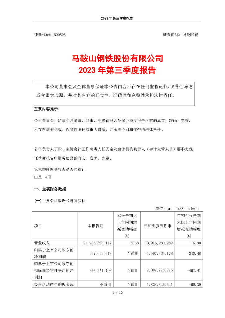 600808-马钢股份：马鞍山<em>钢铁</em>股份有限公司2023年第三季度报告