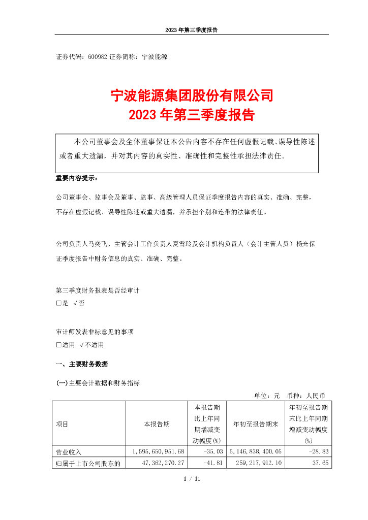 600982-宁波<em>能源</em>：宁波<em>能源</em>2023年第三季度报告 海报