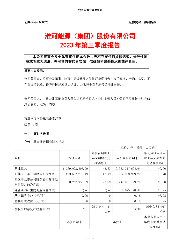 600575-淮河<em>能源</em>：淮河<em>能源</em>(集团)股份有限公司2023年第三季度报告 海报