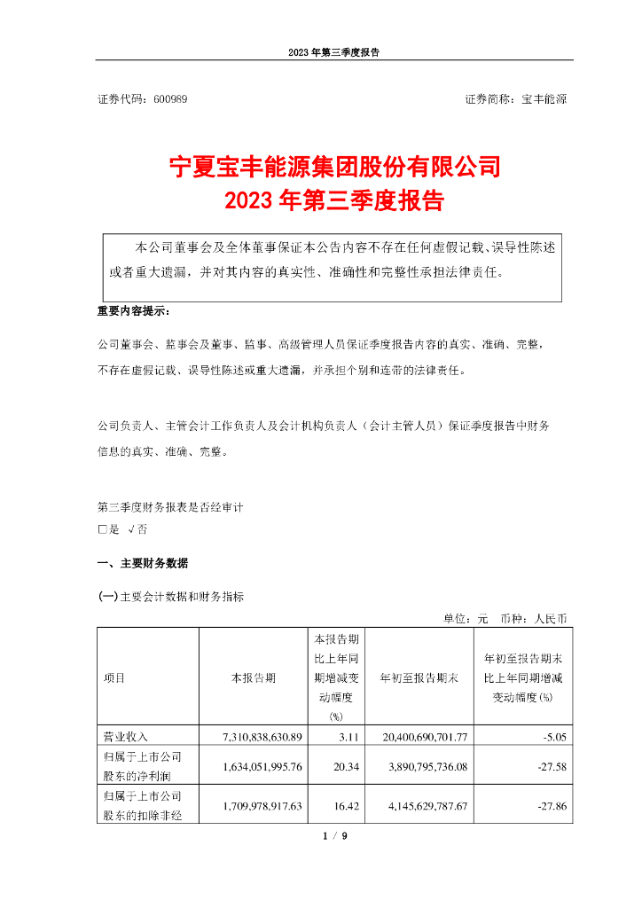 600989-宝丰<em>能源</em>：宁夏宝丰<em>能源</em>集团股份有限公司2023年第三季度报告 海报