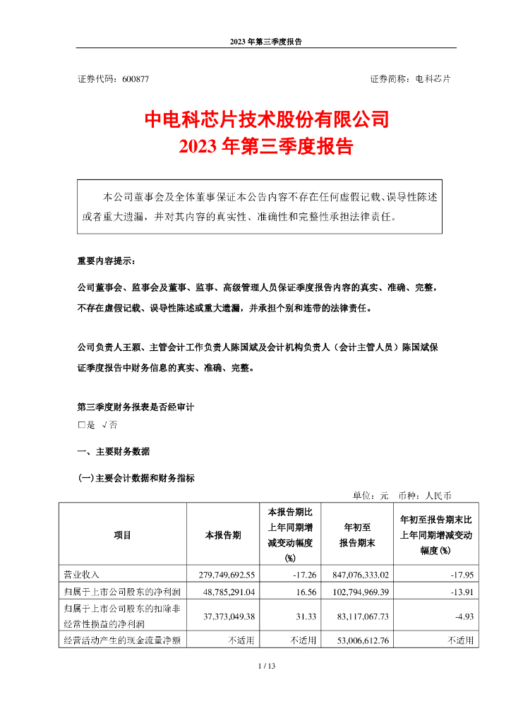 600877-电科<em>芯片</em>:中电科<em>芯片</em>技术股份有限公司2023年第三季度报告 海报
