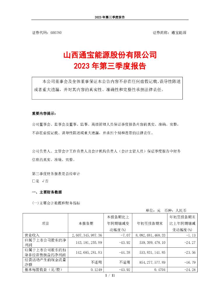600780-通宝<em>能源</em>：山西通宝<em>能源</em>股份有限公司2023年第三季度报告 海报