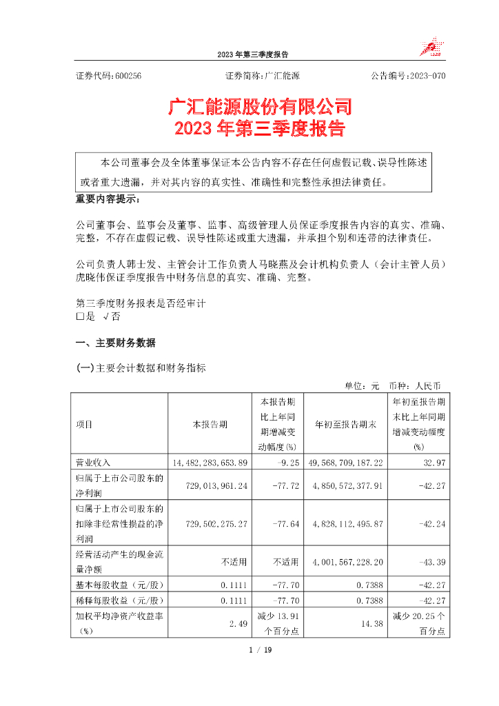 600256-广汇<em>能源</em>：广汇<em>能源</em>股份有限公司2023年第三季度报告 海报