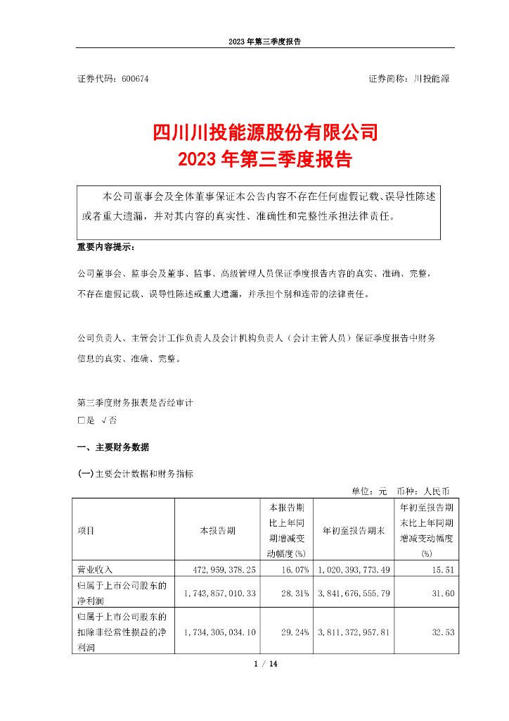 600674-川投<em>能源</em>：四川川投<em>能源</em>股份有限公司2023年第三季度报告 海报