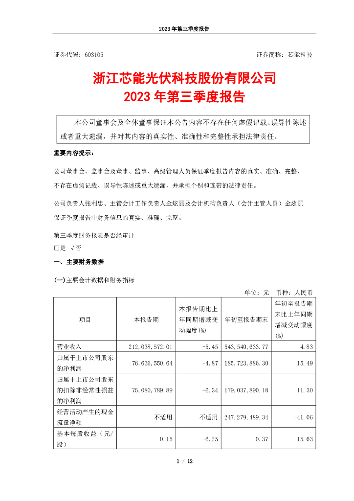603105-芯能科技：浙江芯能<em>光伏</em>科技股份有限公司第三季度报告