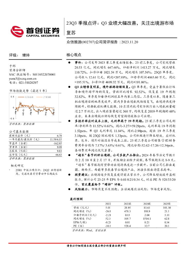 首创证券：众信旅游（002707）-23Q3季报点评：Q3业绩大幅改善，关注出境游市场复苏