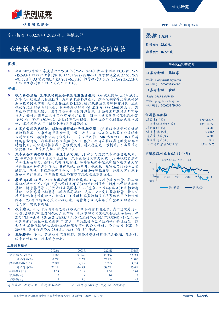 华创证券：东山精密（002384）2023年三季报点评：业绩低点已现，消费电子 汽车共同成长