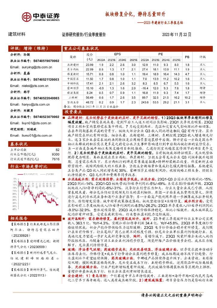 中泰证券：2023年建材行业三季报总结：板块修复分化，静待总量回升