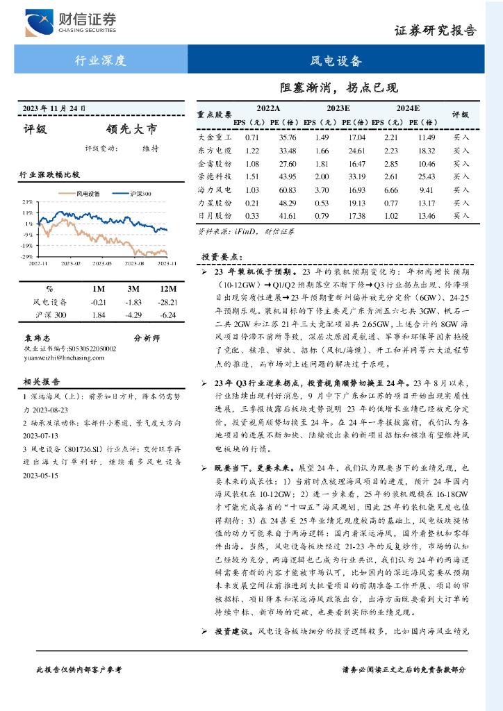 财信证券：风电设备行业深度：阻塞渐消，拐点已现