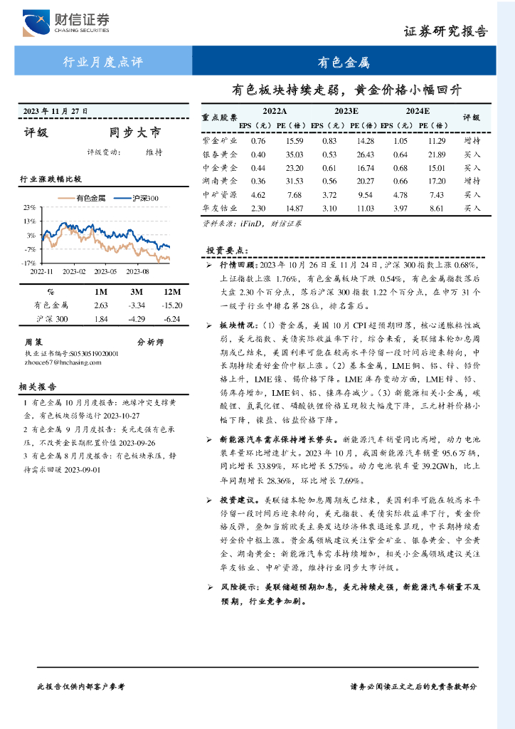 财信证券：有色金属行业月度点评：有色板块持续走弱，黄金价格小幅回升