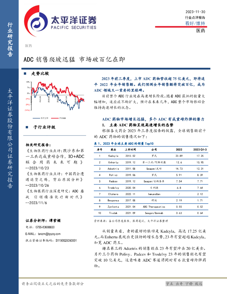 太平洋证券：医药行业点评报告：ADC销售爬坡迅猛 市场破百亿在即