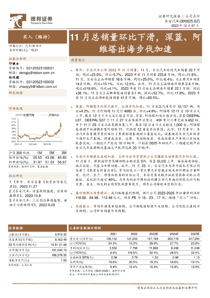 德邦证券：长安<em>汽车</em>（000625）-11月总销量环比下滑，深蓝、阿维塔出海步伐加速