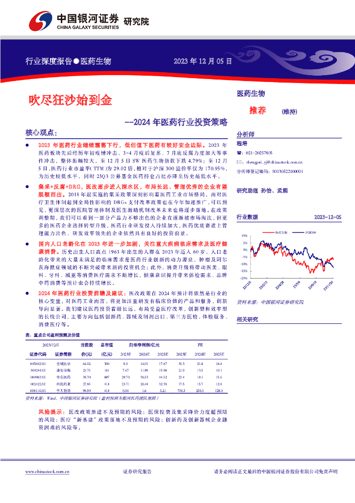 中国银河：2024年医药行业投资策略：吹尽狂沙始到金