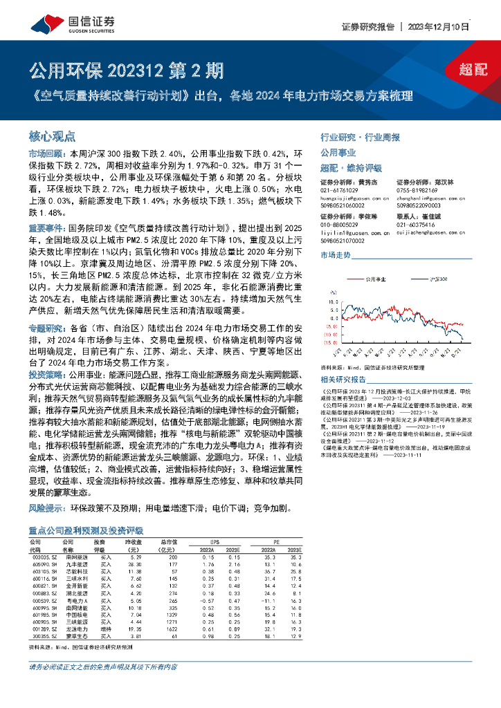 国信证券：公用环保202312第2期：《空气质量持续改善行动计划》出台，各地2024年电力市场交易方案梳理