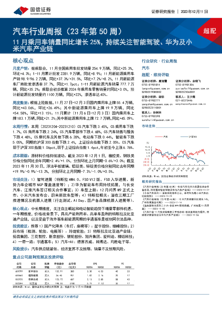 国信证券：汽车行业周报（23年第50周）：11月乘用车销量同比增长25%，持续关注智能驾驶、华为及小米汽车产业链
