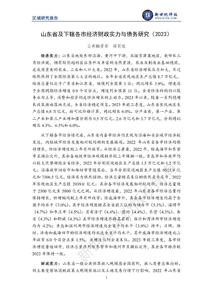新世纪评级：山东省及下辖各市经济财政实力与债务研究（2023）