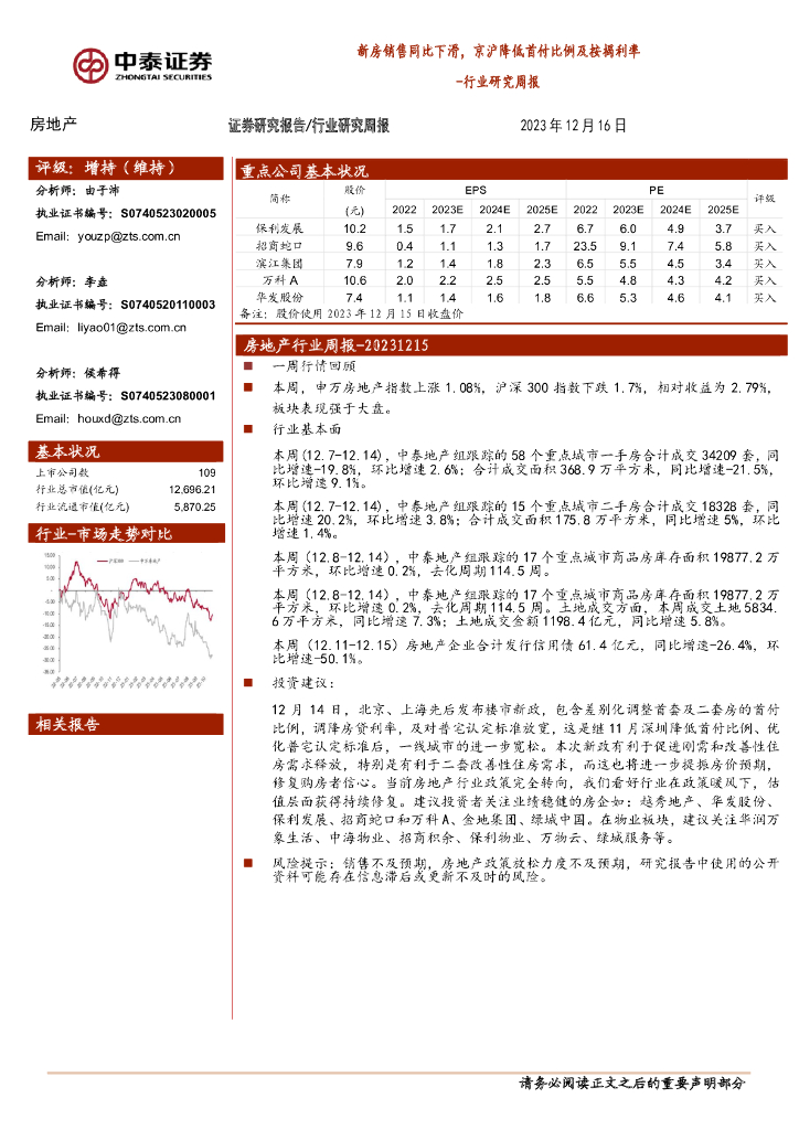 中泰证券：房地产行业研究周报：新房销售同比下滑，京沪降低首付比例及按揭利率