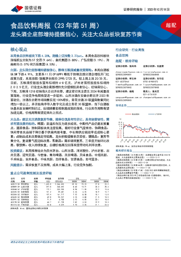 国信证券：食品饮料周报（23年第51周）：龙头酒企底部增持提振信心，关注大众品板块复苏节奏