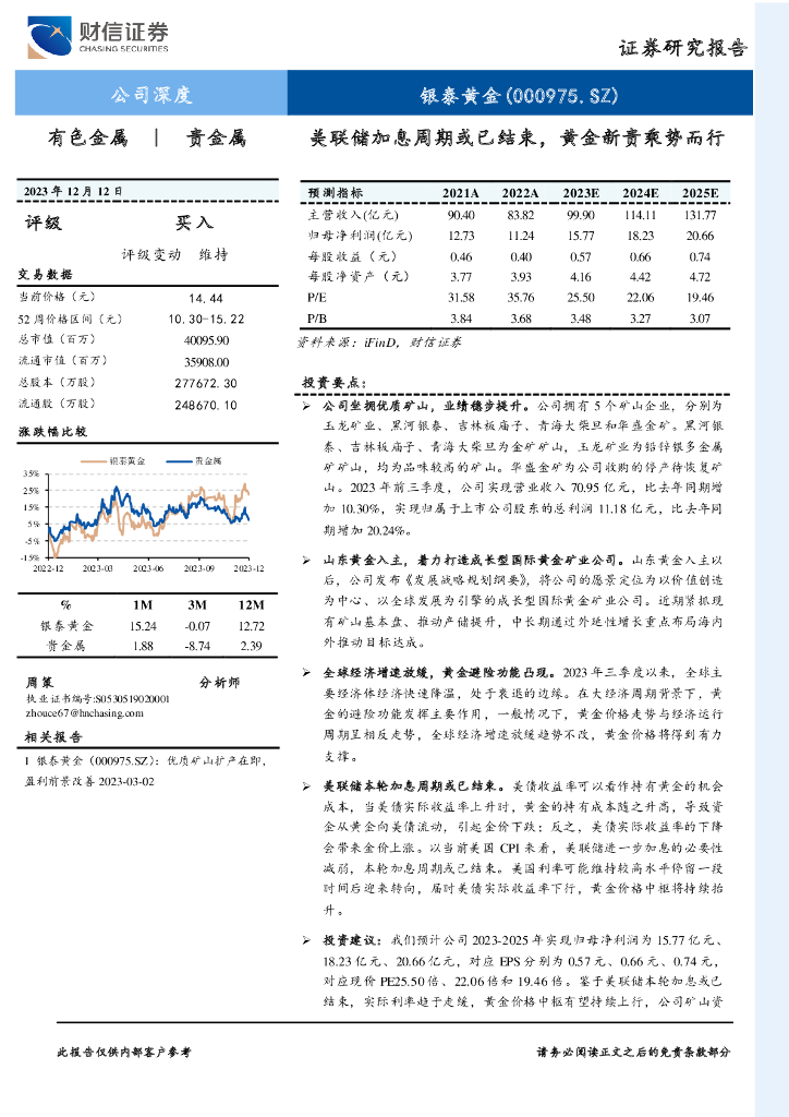 财信证券：银泰黄金（000975）-美联储加息周期或已结束，黄金新贵乘势而行
