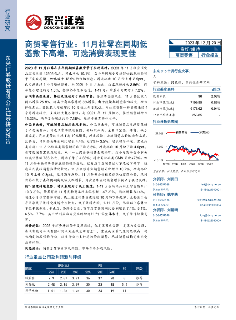 东兴证券：商贸零售行业：11月社零在同期低基数下高增，可选消费表现更佳