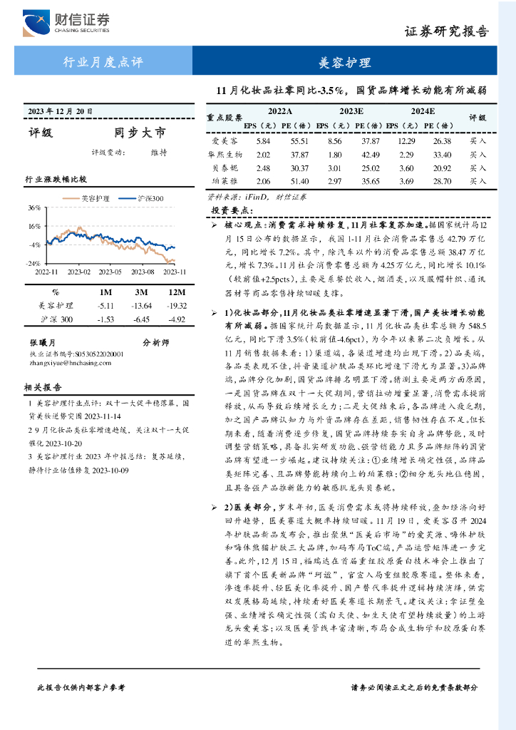 财信证券：美容护理行业月度点评：11月化妆品社零同比-3.5%，国货品牌增长动能有所减弱
