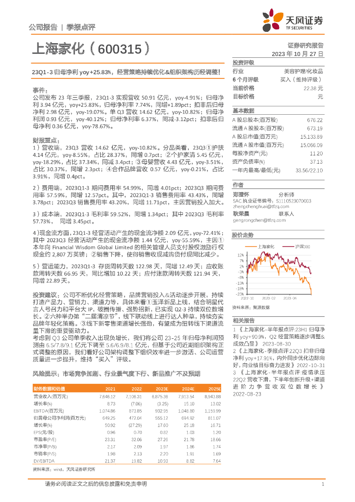 天风证券：上海家化（600315）-23Q1-3归母净利yoy+25.83%，经营策略持续优化&组织架构历经调整！