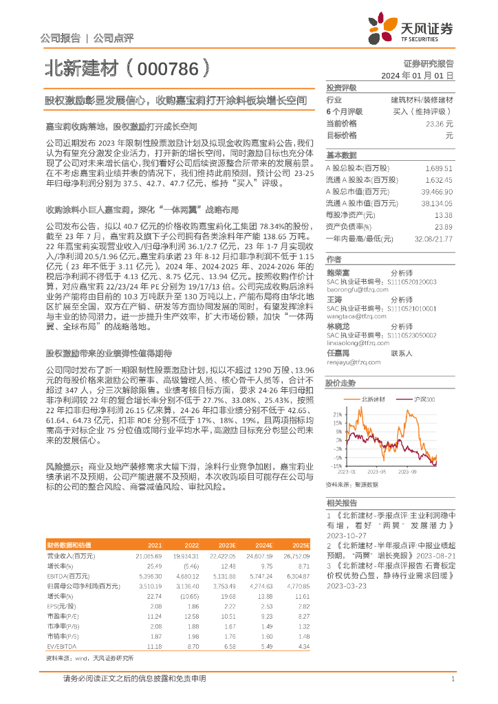 天风证券：北新建材（000786）-股权激励彰显发展信心，收购嘉宝莉打开涂料板块增长空间