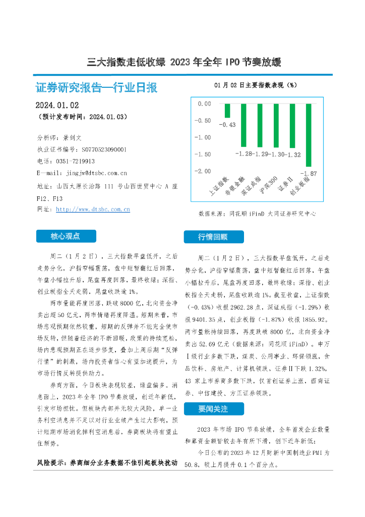 大同证券：非银金融行业日报：三大指数走低收绿 2023年全年IPO节奏放缓