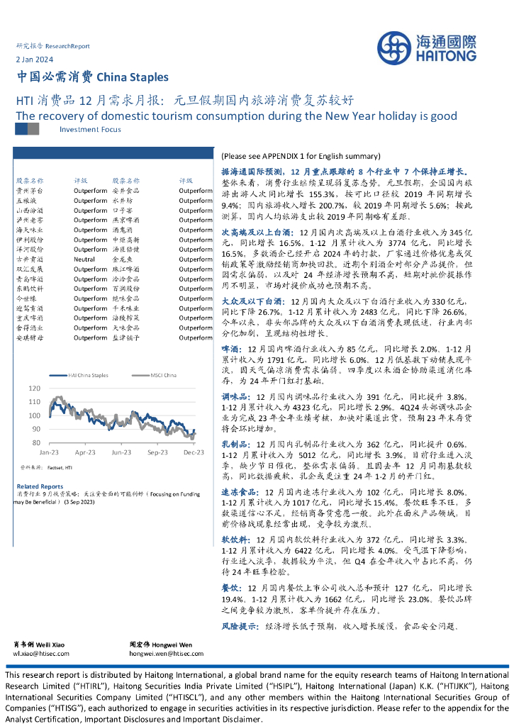 海通国际：HTI消费品行业12月需求月报：元旦假期国内旅游消费复苏较好