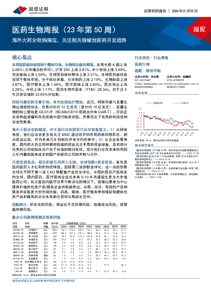 国信证券：医药生物周报（23年第50周）：海外大药企收购频现，关注相关领域创新药开发趋势