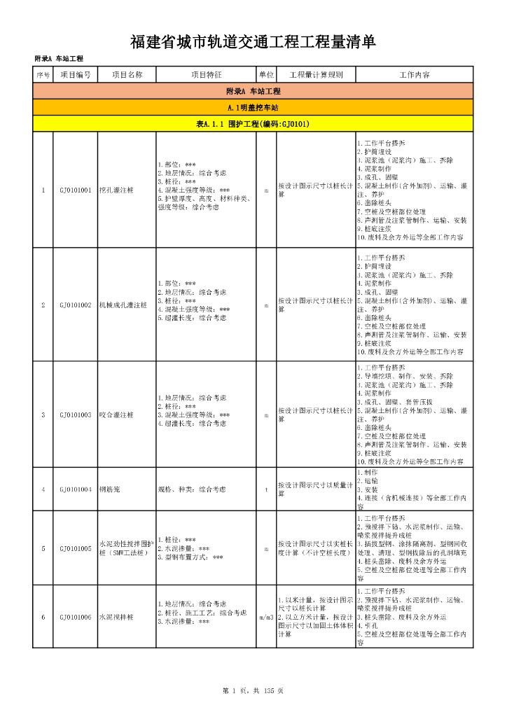 福建省城市轨道交通工程工程量清单