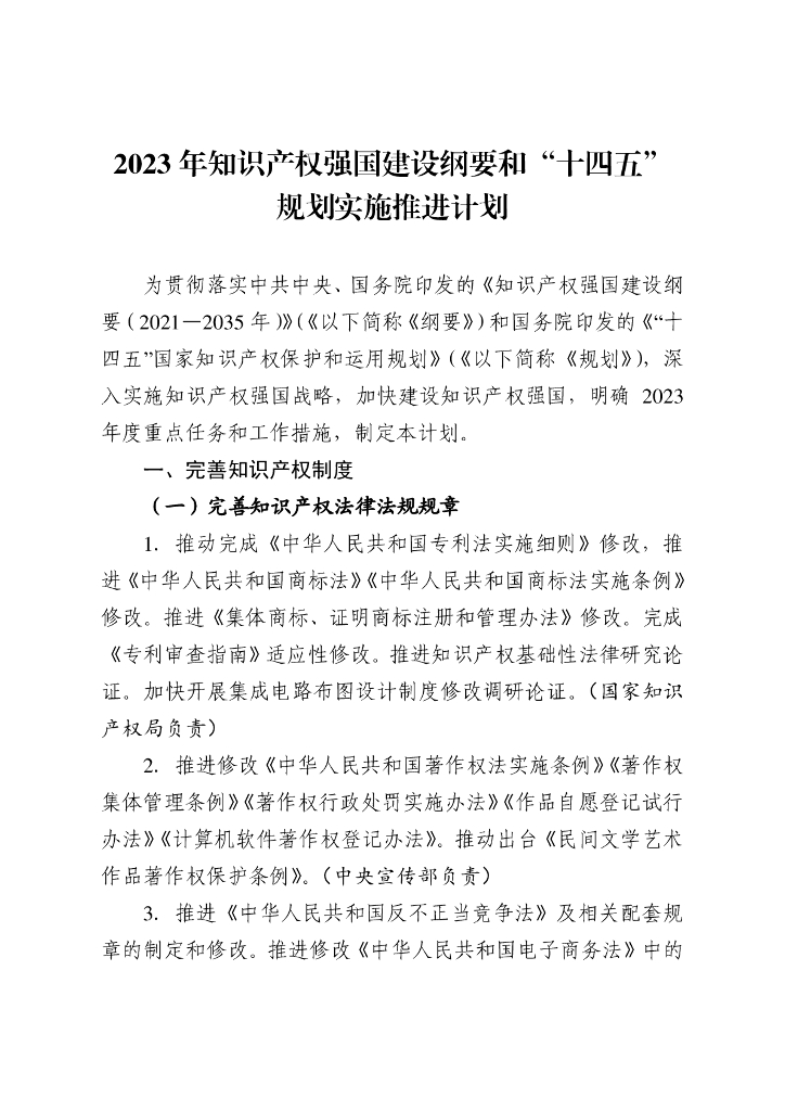 2023年知识产权强国建设纲要和“十四五”规划实施推进计划