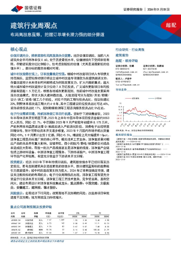 国信证券：建筑行业周观点：布局高股息蓝筹，把握订单增长潜力强的细分赛道
