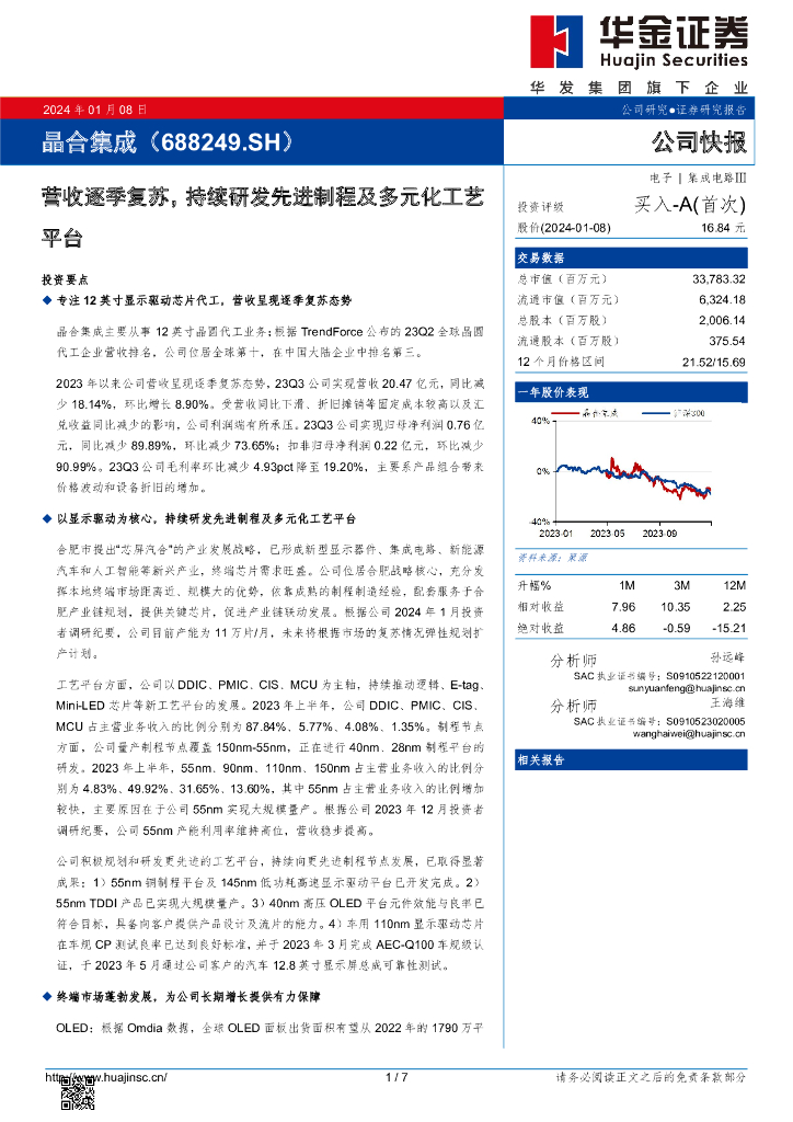 华金证券：晶合集成（688249）-营收逐季复苏，持续研发先进制程及多元化工艺平台