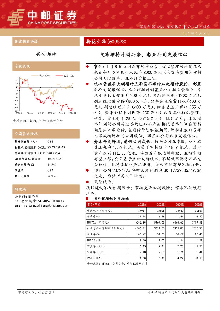中邮证券：梅花生物（600873）-发布增持计划公告，彰显公司发展信心
