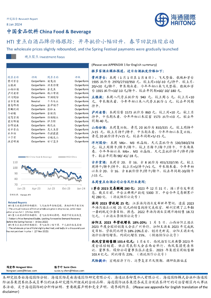 海通国际：中国食品饮料：HTI重点白酒品牌价格跟踪：开年批价小幅回升，春节回款陆续启动