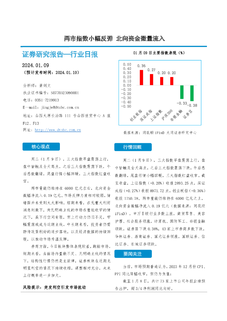 大同证券：非银金融行业日报：两市指数小幅反弹 北向资金微量流入